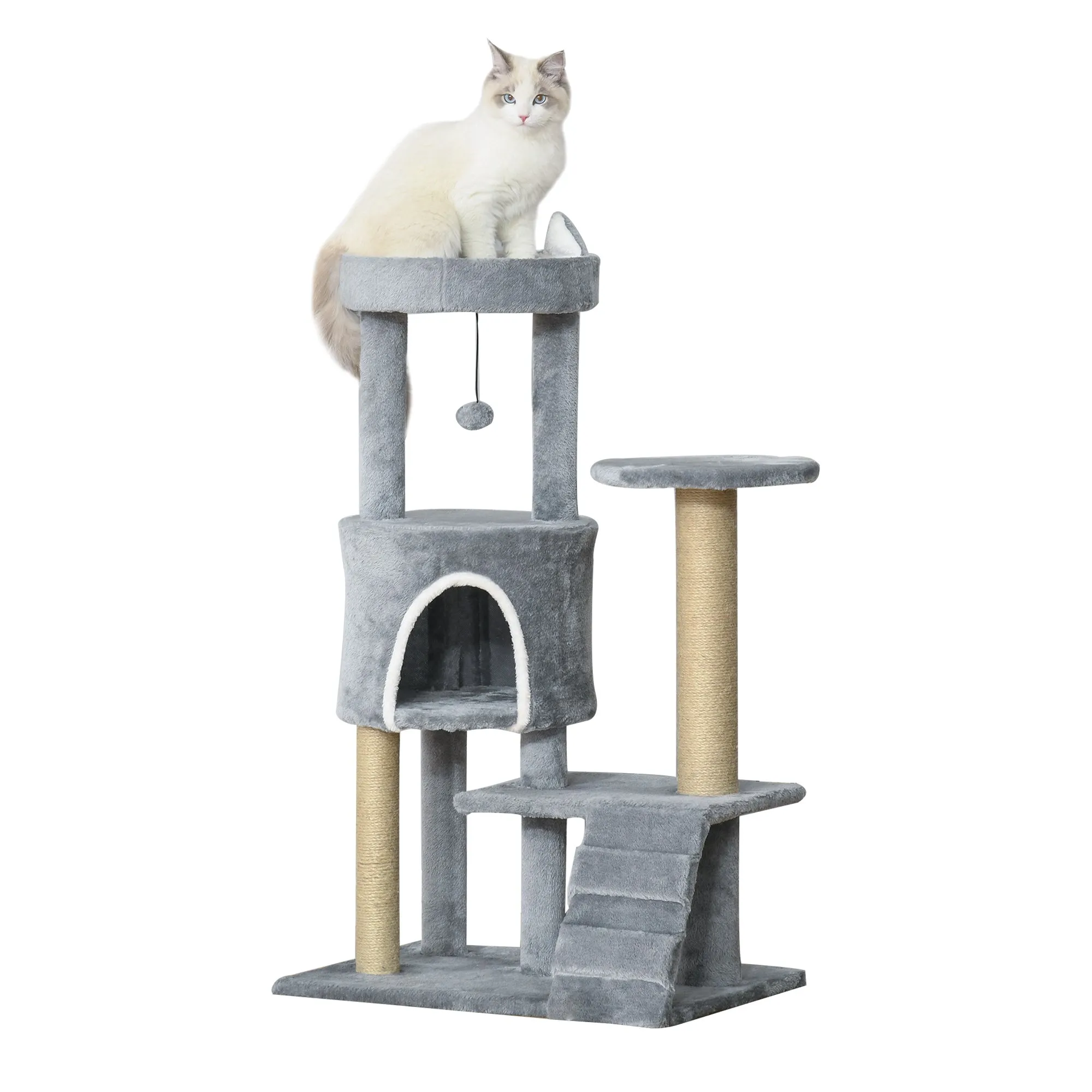 100cm Cat Tree Tower Condo Multi Platform Kitty Cat Center with Climbing Ladder Scratching Post Hanging Toy Ball, Grey