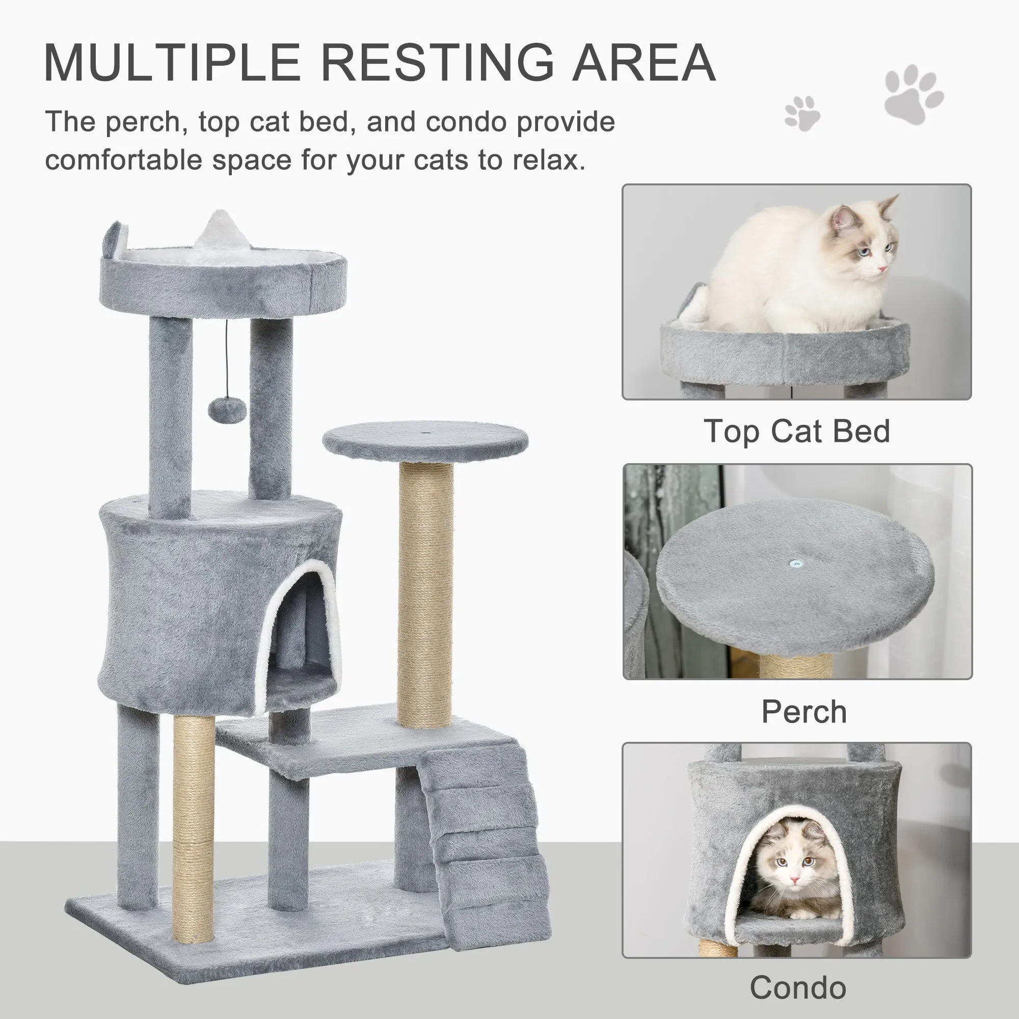 100cm Cat Tree Tower Condo Multi Platform Kitty Cat Center with Climbing Ladder Scratching Post Hanging Toy Ball, Grey