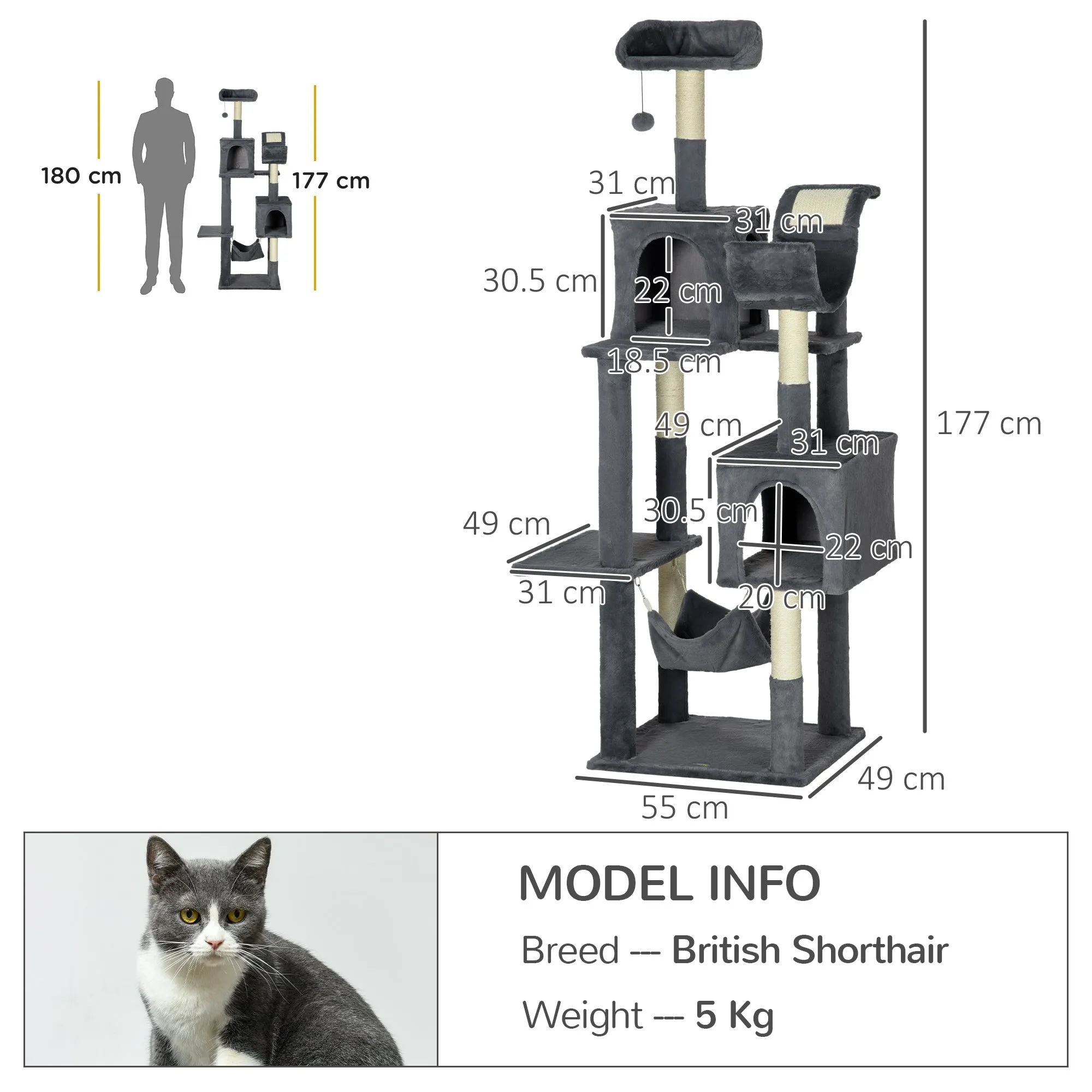 177cm Cat Tree for Indoor Cats, Multi-level Kitten Climbing Tower with Scratching Posts, Condos, Hammock, Perches, Toy Ball, Grey