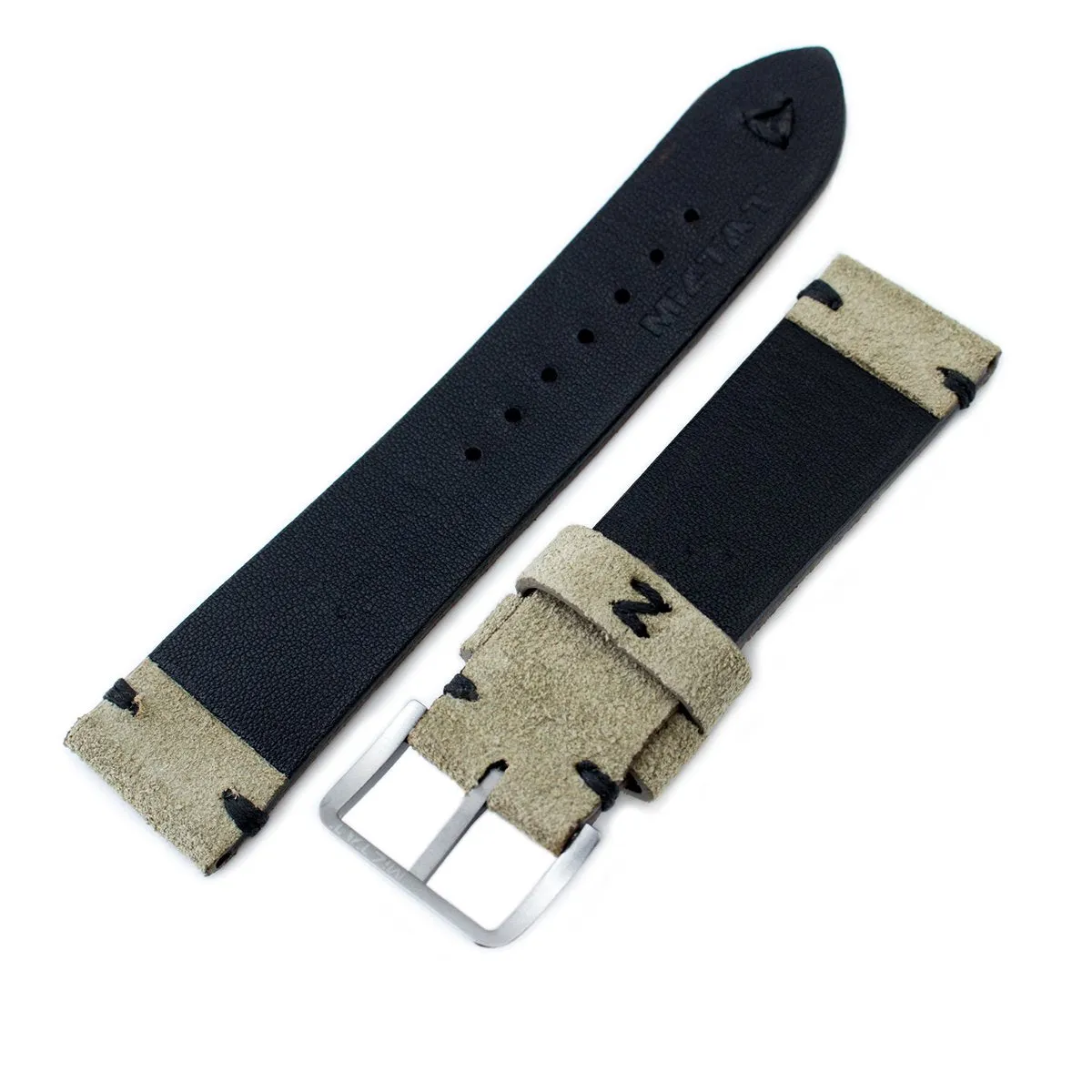 20mm, 21mm, 22mm MiLTAT Grey Green Genuine Nubuck Leather Watch Strap, Black Stitching, Sandblasted Buckle