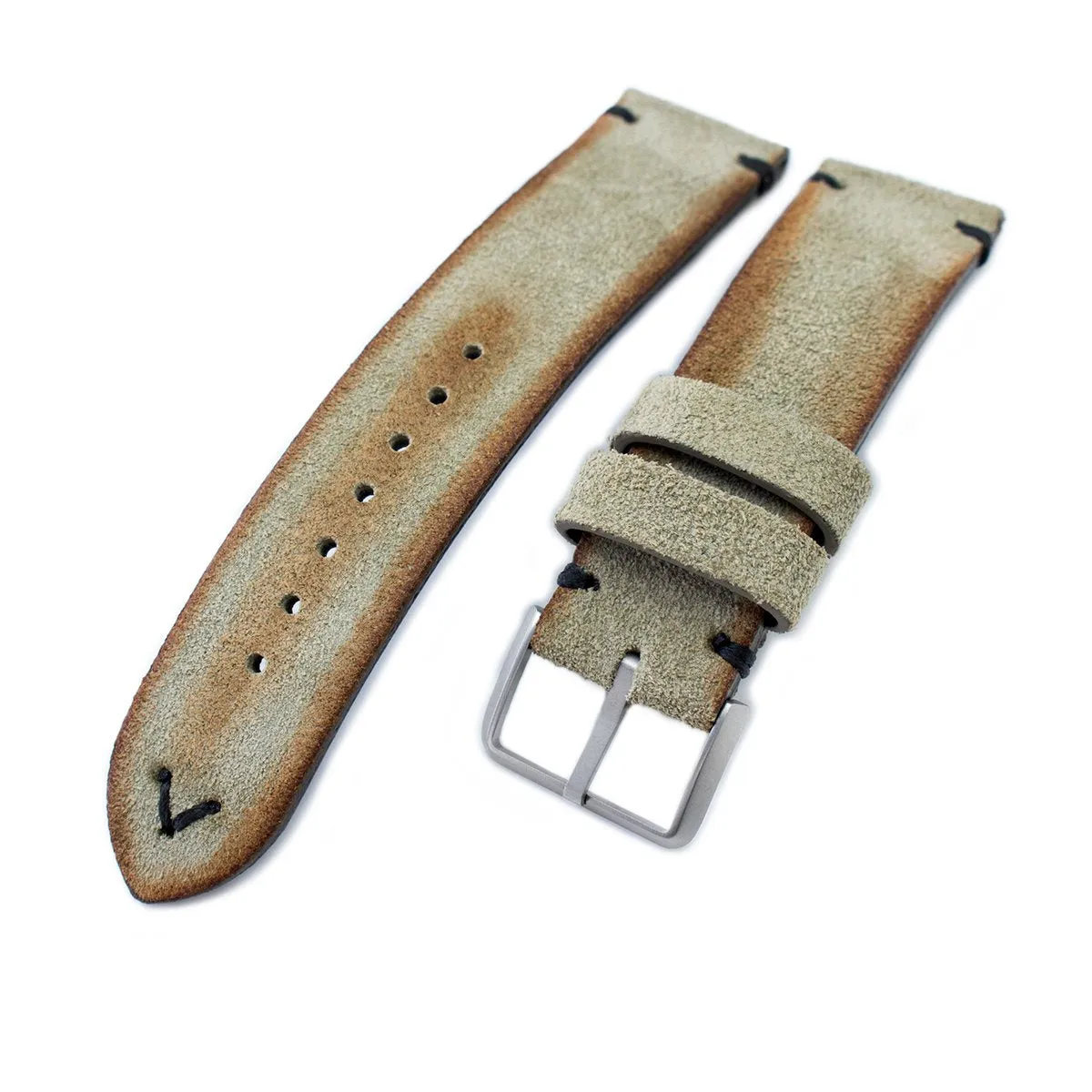 20mm, 21mm, 22mm MiLTAT Grey Green Genuine Nubuck Leather Watch Strap, Black Stitching, Sandblasted Buckle