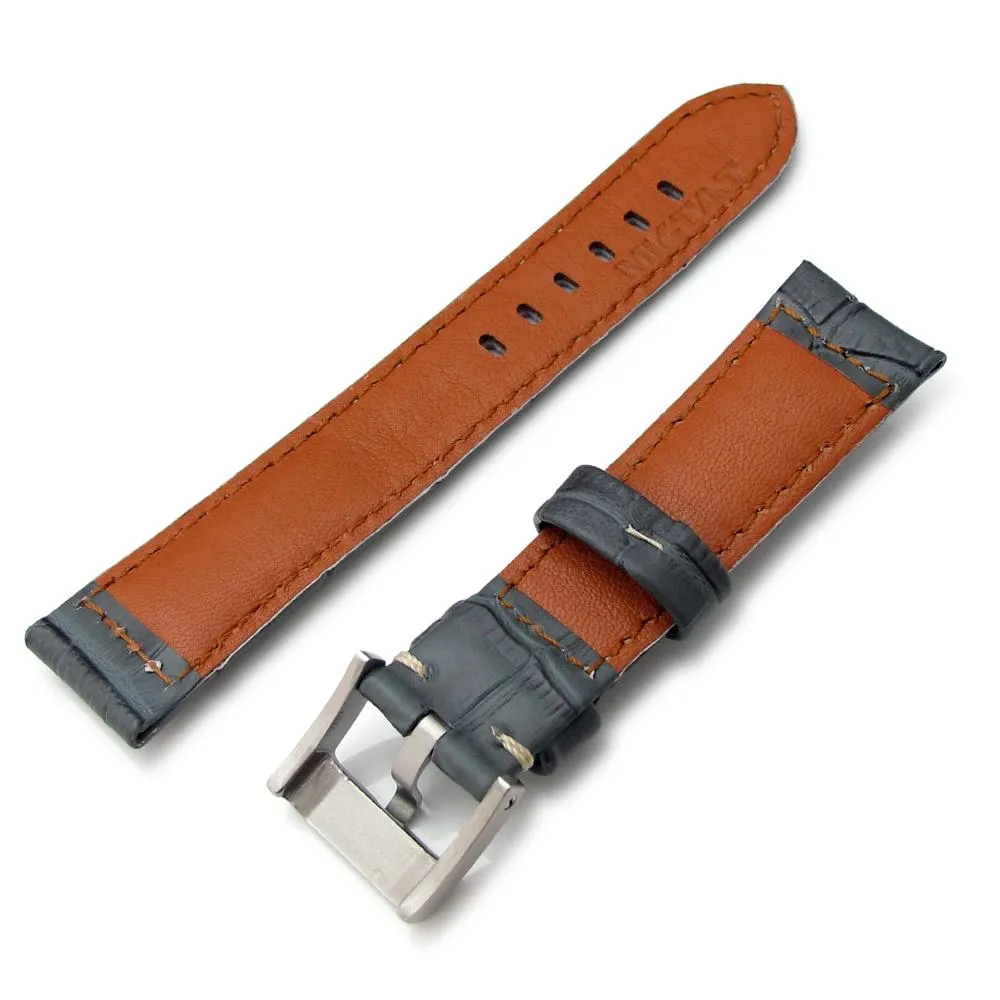 20mm, 23mm, 24mm CrocoCalf (Croco Grain) Light Grey Watch Strap with Beige St.