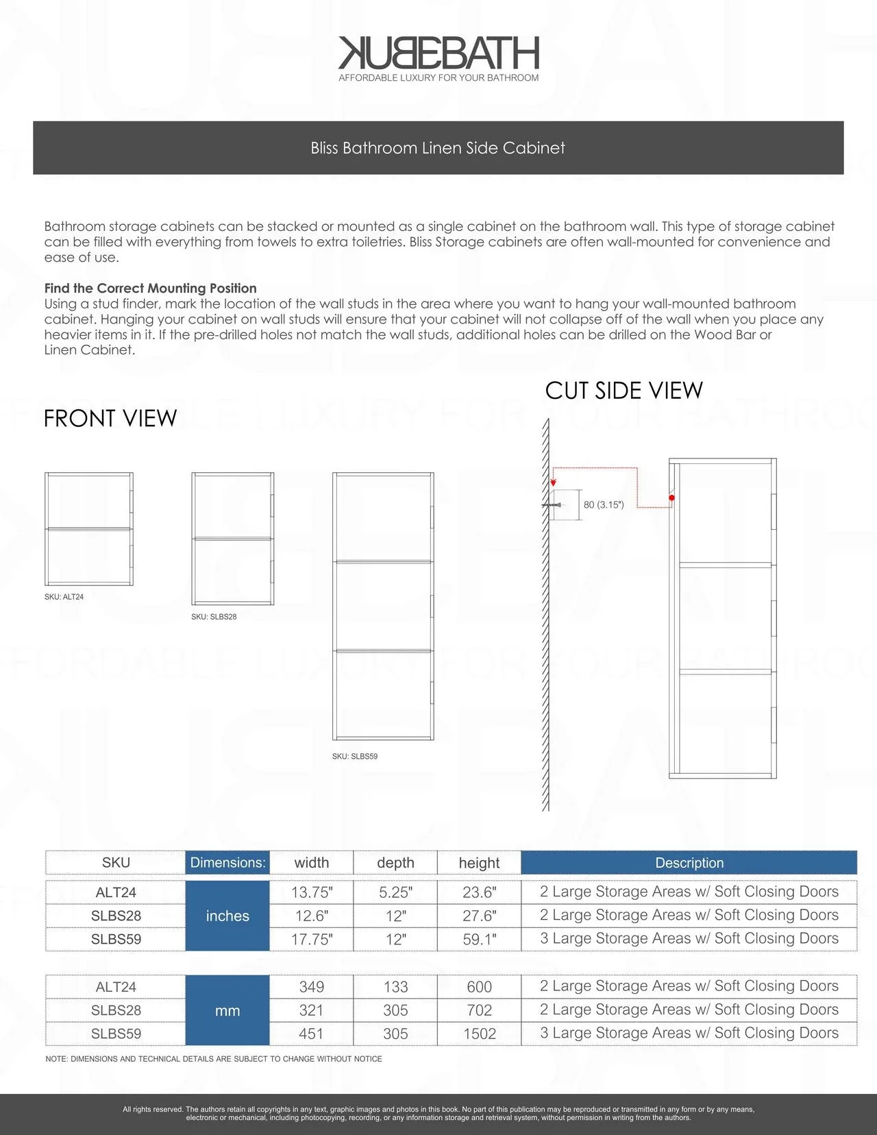 24" High Bathroom Linen Side Cabinets, Gloss White