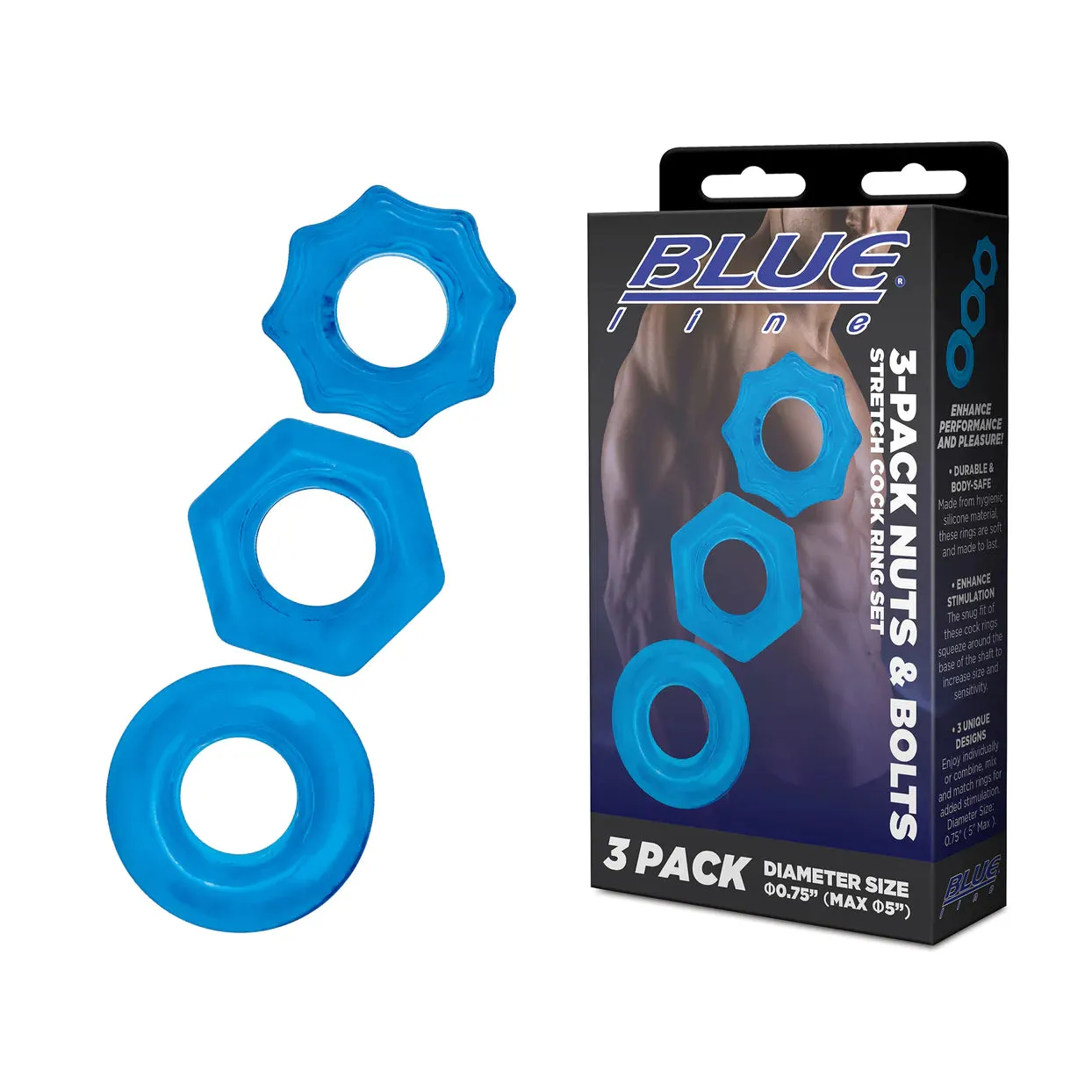 3-Pack Nuts & Bolts Stretch Cock Ring Set by Blue Line