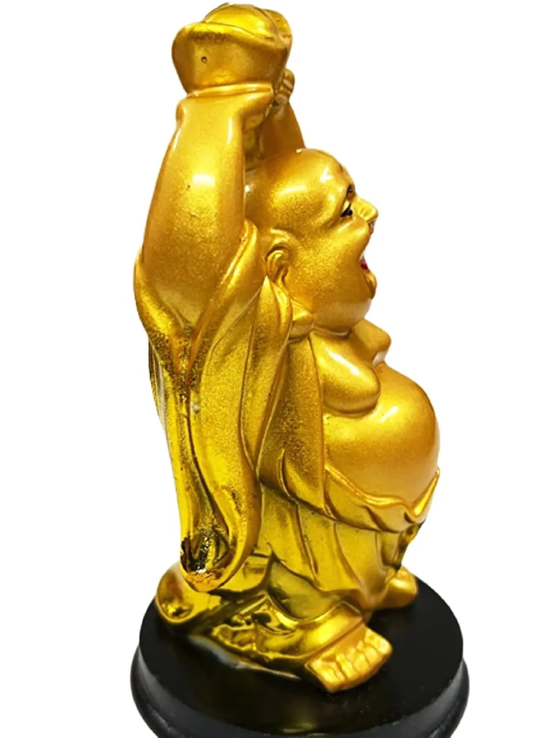 All in ONE Warehouse Laughing Buddha Raising Hand and Holding Chinese Ingot - Bring Prosperity to Your Home and Workspace - 12 cm (Polyresin, Gold)