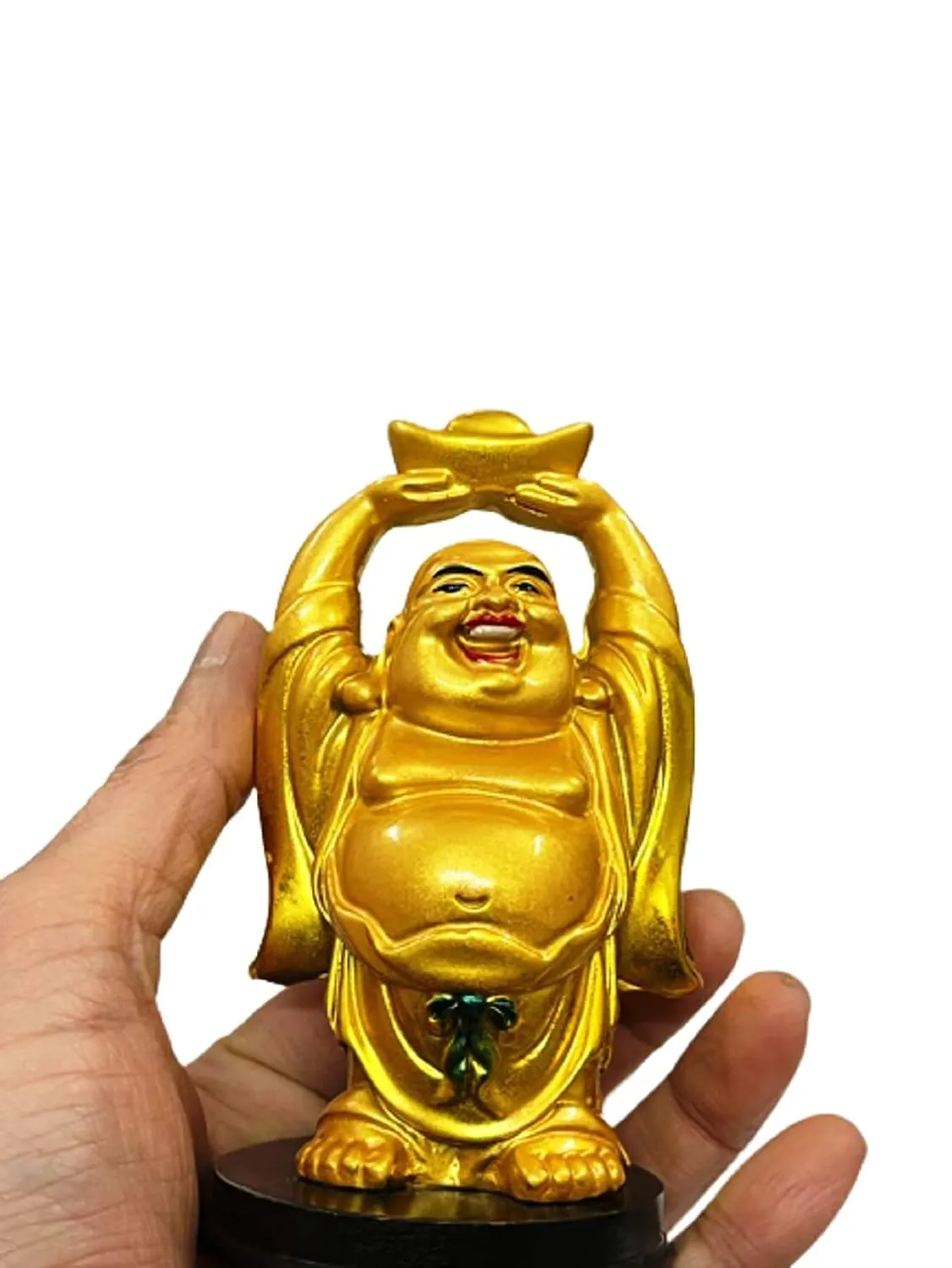 All in ONE Warehouse Laughing Buddha Raising Hand and Holding Chinese Ingot - Bring Prosperity to Your Home and Workspace - 12 cm (Polyresin, Gold)