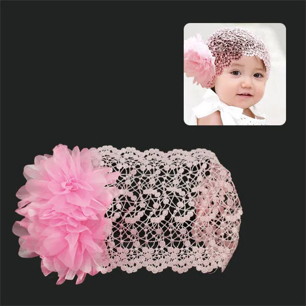 Babys Wide Lace Stretch Headband with Flowers