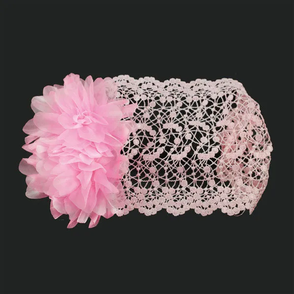 Babys Wide Lace Stretch Headband with Flowers