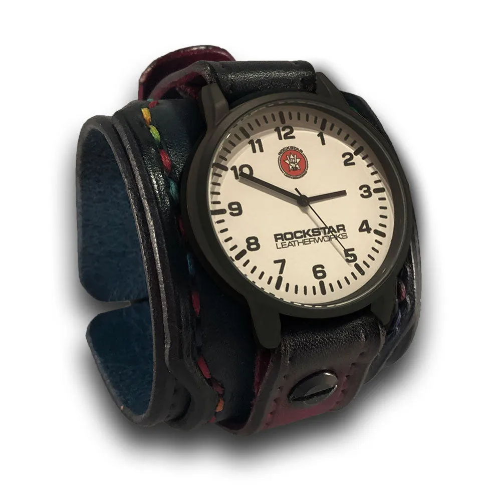 Black, Blue & Oxblood Layered Wide Leather Cuff Watch