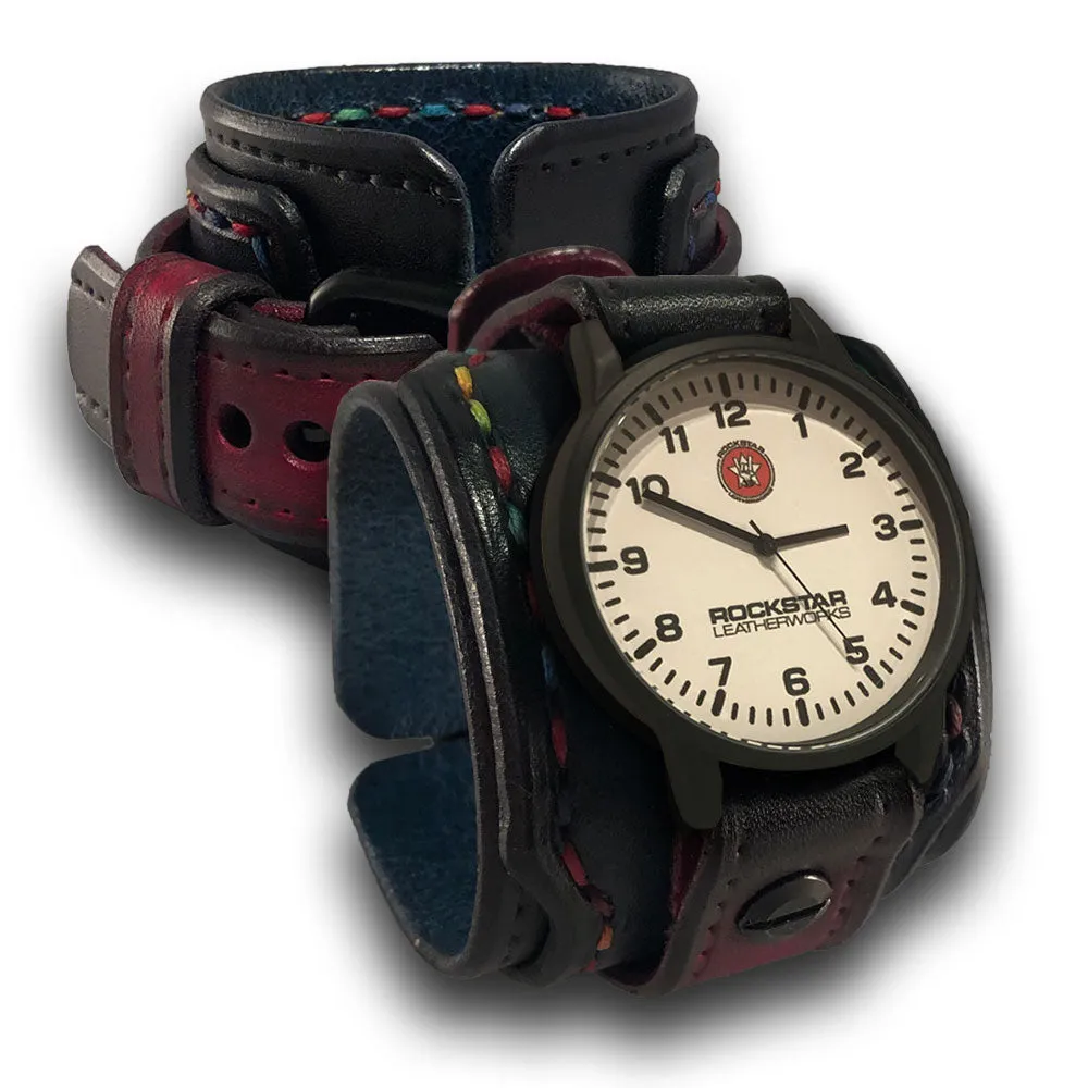 Black, Blue & Oxblood Layered Wide Leather Cuff Watch