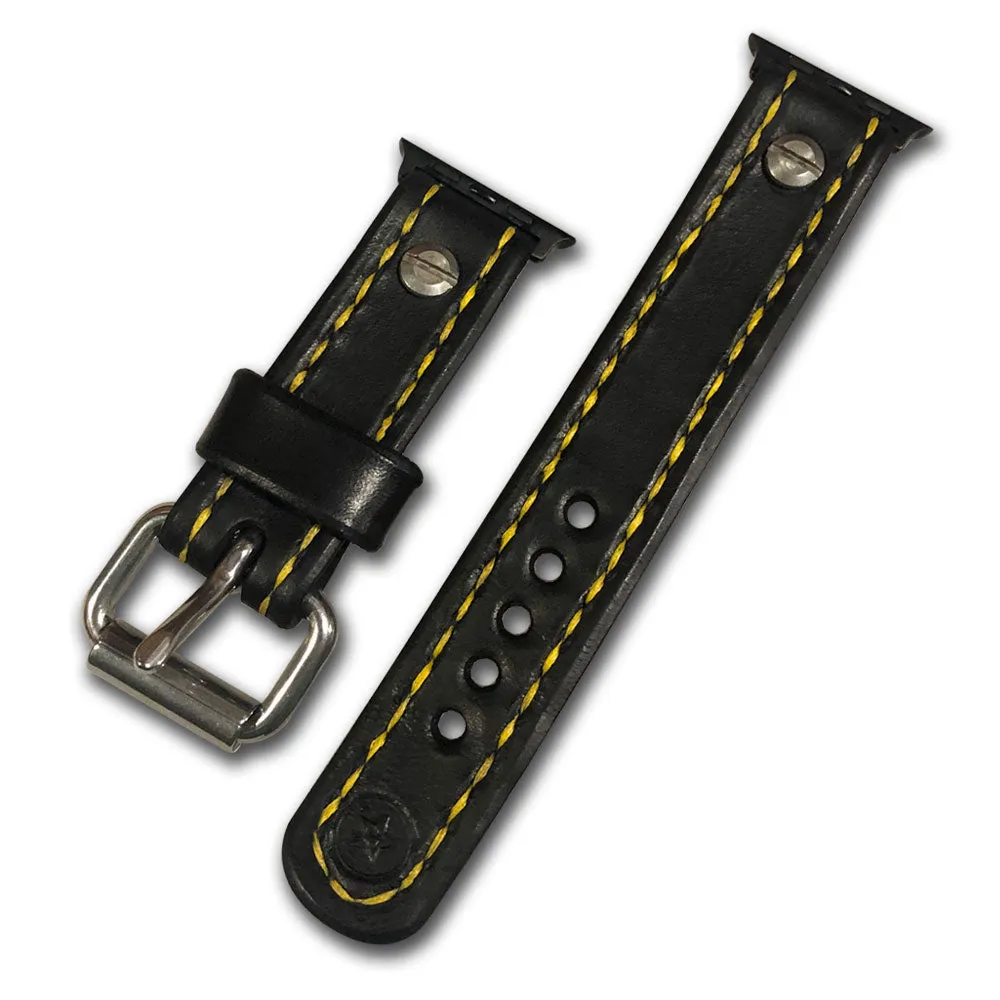 Black Leather Apple iWatch Straps with Yellow Stitching