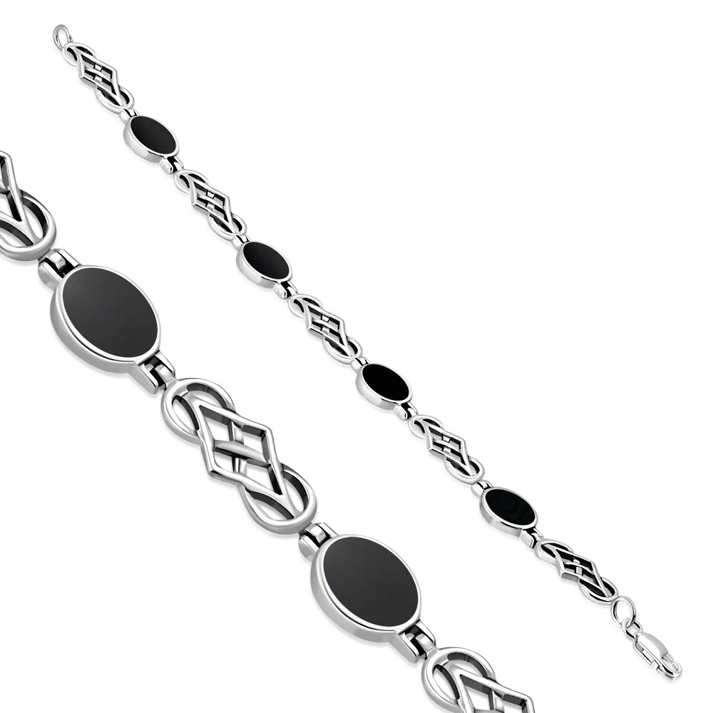 Black Onyx Oval Links Celtic Knot Silver Bracelet