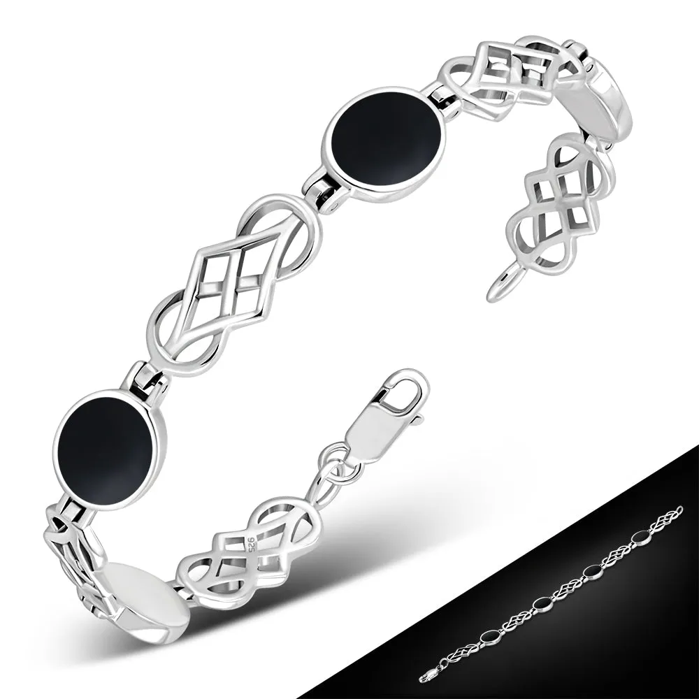 Black Onyx Oval Links Celtic Knot Silver Bracelet