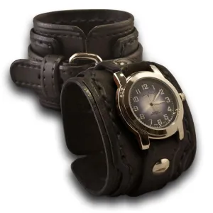 Black Rockstar Layered Leather Cuff Watch with Stitching