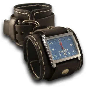 Black Rockstar Wide Leather Cuff Watch w/ Blue Face & Stitching