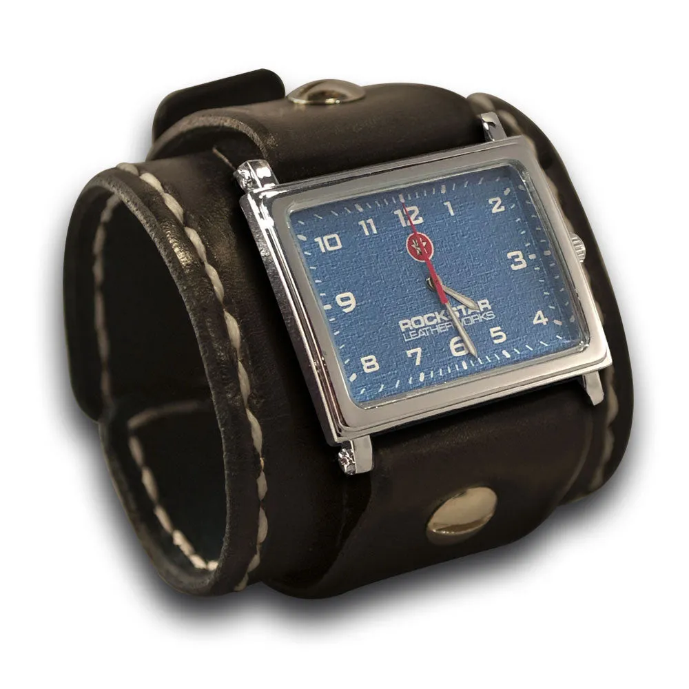 Black Rockstar Wide Leather Cuff Watch w/ Blue Face & Stitching