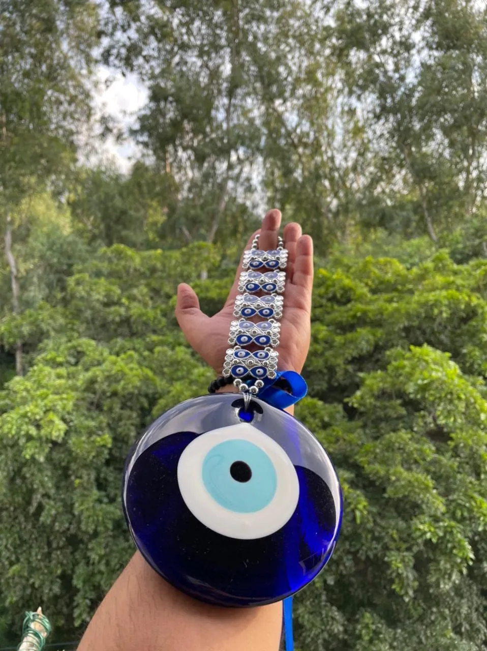 Blue Beads Diwali Gift Feng Shui Vastu Blue Big Glass Evil Eye Door Hanging Nazar Suraksha Protection Good Luck Gifting Home/Office (X Large), Turkish Amulet Decoration Home/Office (Silver)