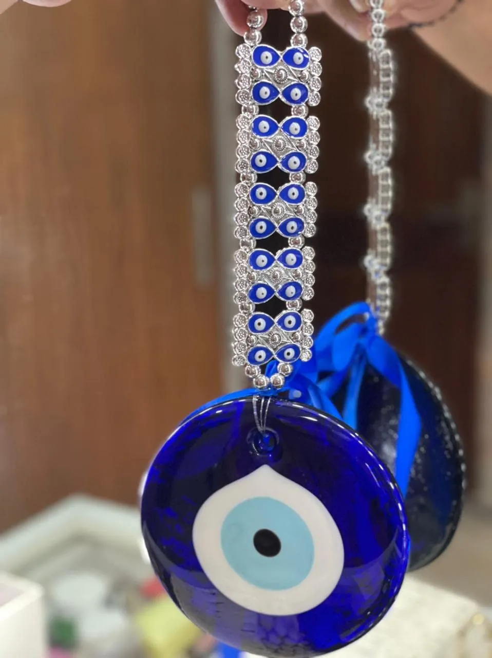 Blue Beads Diwali Gift Feng Shui Vastu Blue Big Glass Evil Eye Door Hanging Nazar Suraksha Protection Good Luck Gifting Home/Office (X Large), Turkish Amulet Decoration Home/Office (Silver)