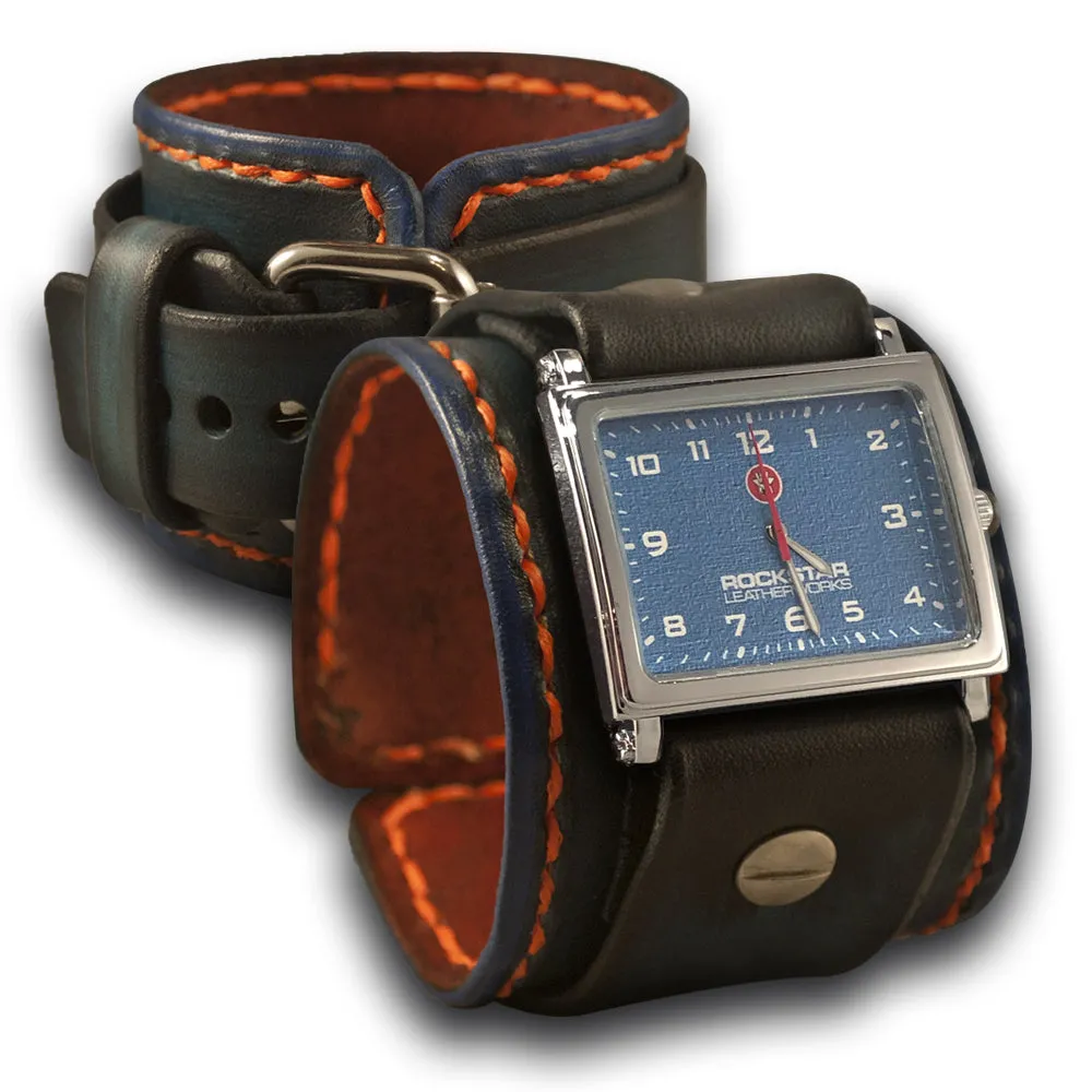 Blue Stressed Leather Cuff Watch with Blue Watch Face