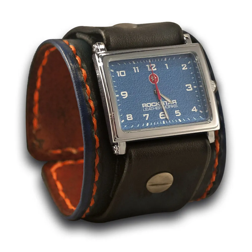 Blue Stressed Leather Cuff Watch with Blue Watch Face