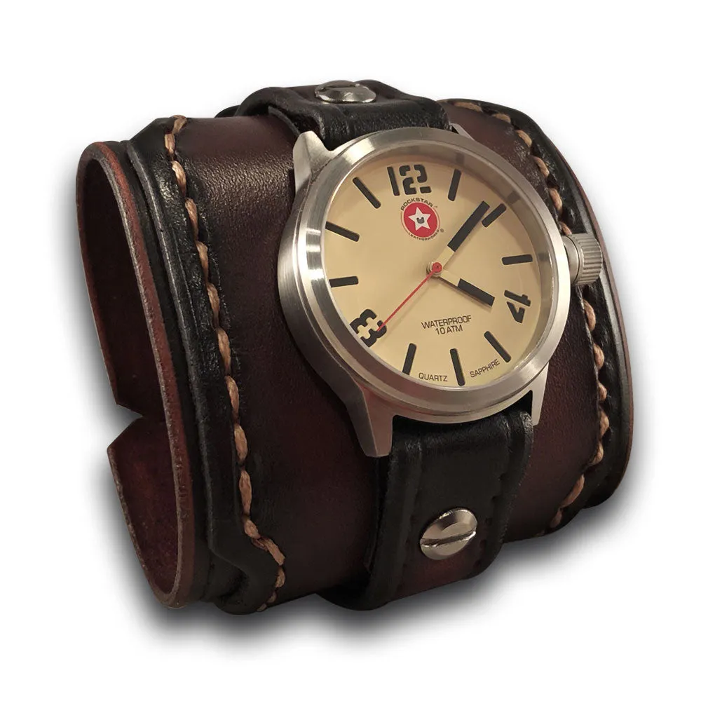 Bordeaux Stressed Layered Leather Cuff Watch with Stainless 42mm