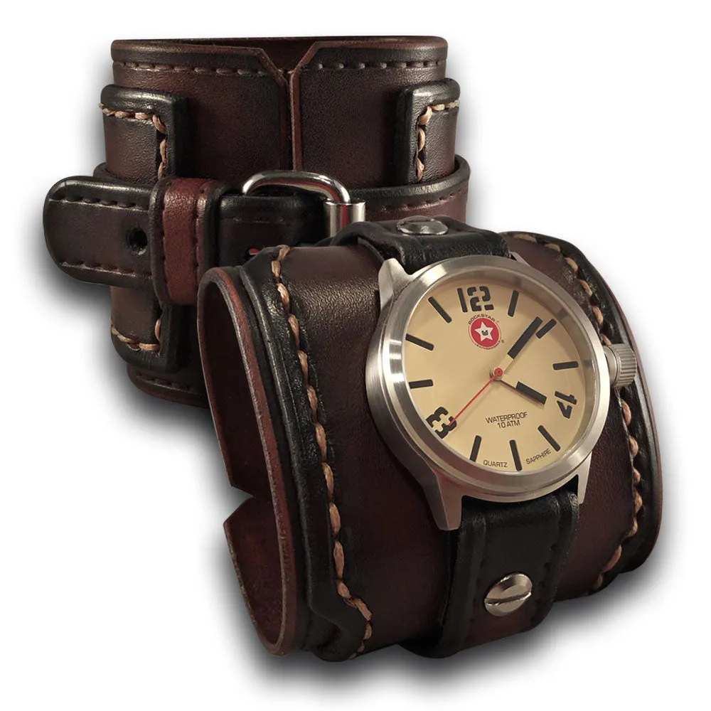 Bordeaux Stressed Layered Leather Cuff Watch with Stainless 42mm