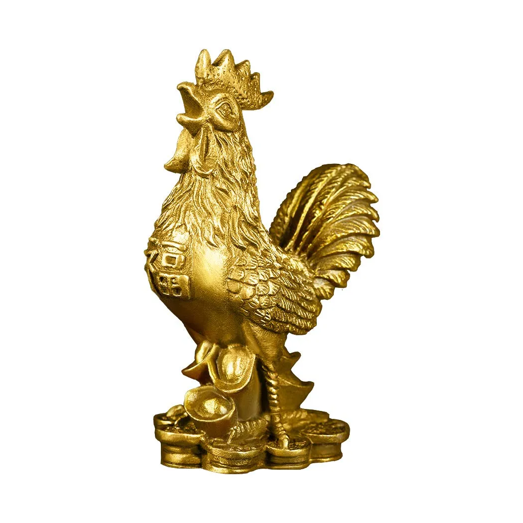 Brass 3.5''(H) Auspicious Rooster Statue Ingots Wealth Feng Shui Sculpture Home Office Chinese Zodiac Decorative Ornament Business Gift Collection PTZY045