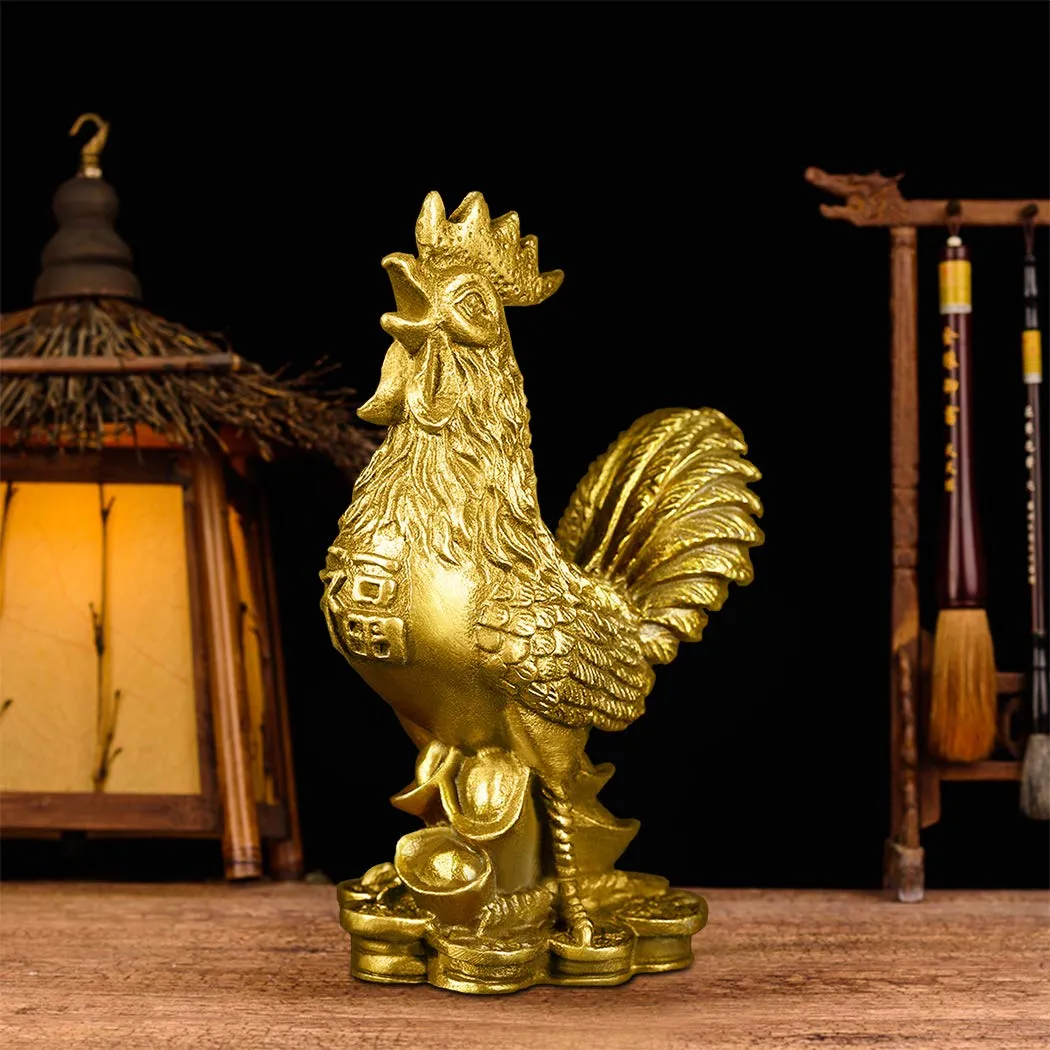 Brass 3.5''(H) Auspicious Rooster Statue Ingots Wealth Feng Shui Sculpture Home Office Chinese Zodiac Decorative Ornament Business Gift Collection PTZY045