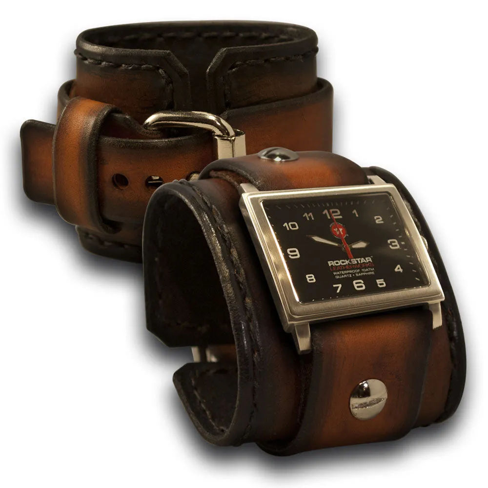 Brown & Tan Stressed Leather Cuff Watch with Stitching