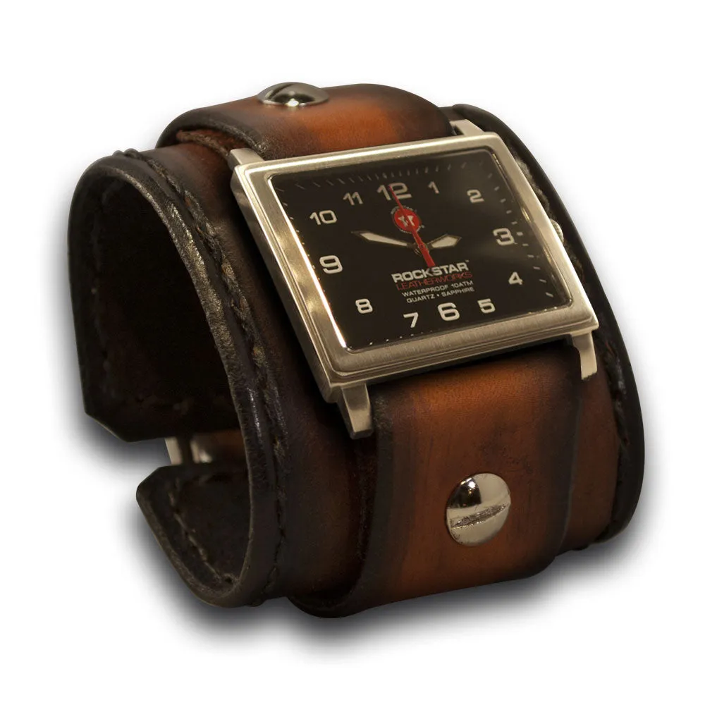 Brown & Tan Stressed Leather Cuff Watch with Stitching