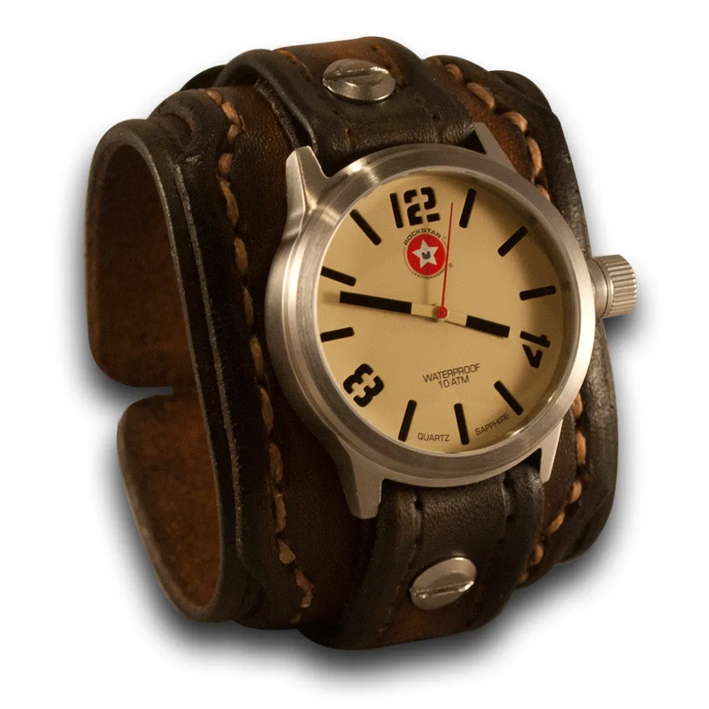 Brown Layered Leather Cuff Watch with 42mm Stainless Watch