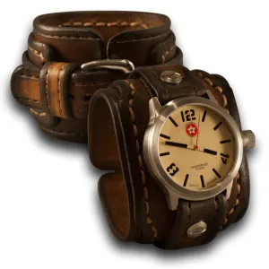 Brown Layered Leather Cuff Watch with 42mm Stainless Watch