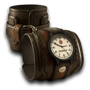 Brown Stressed Layered Leather Cuff Watch  with Stitching