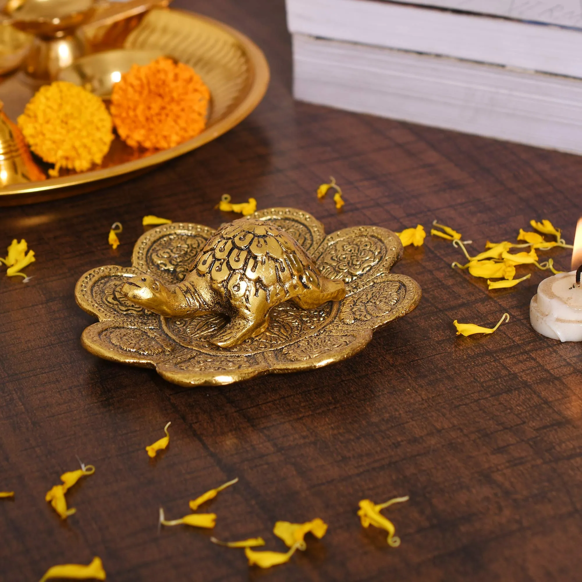 Collectible India Metal Feng Shui Tortoise On Plate Showpiece - Gold Tortoise for Good Luck Money - Best Gift for Career and Good Luck Vastu - Gift for Girlfriend Her Him Mom Dad.