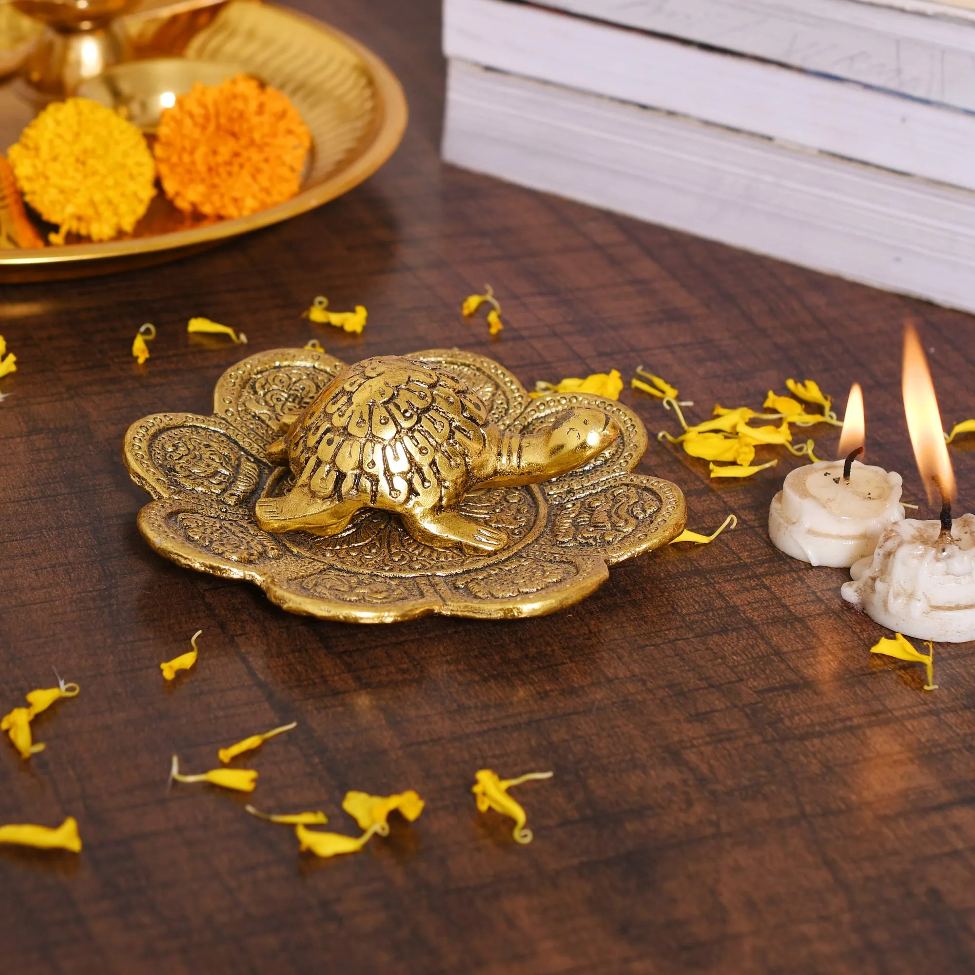 Collectible India Metal Feng Shui Tortoise On Plate Showpiece - Gold Tortoise for Good Luck Money - Best Gift for Career and Good Luck Vastu - Gift for Girlfriend Her Him Mom Dad.