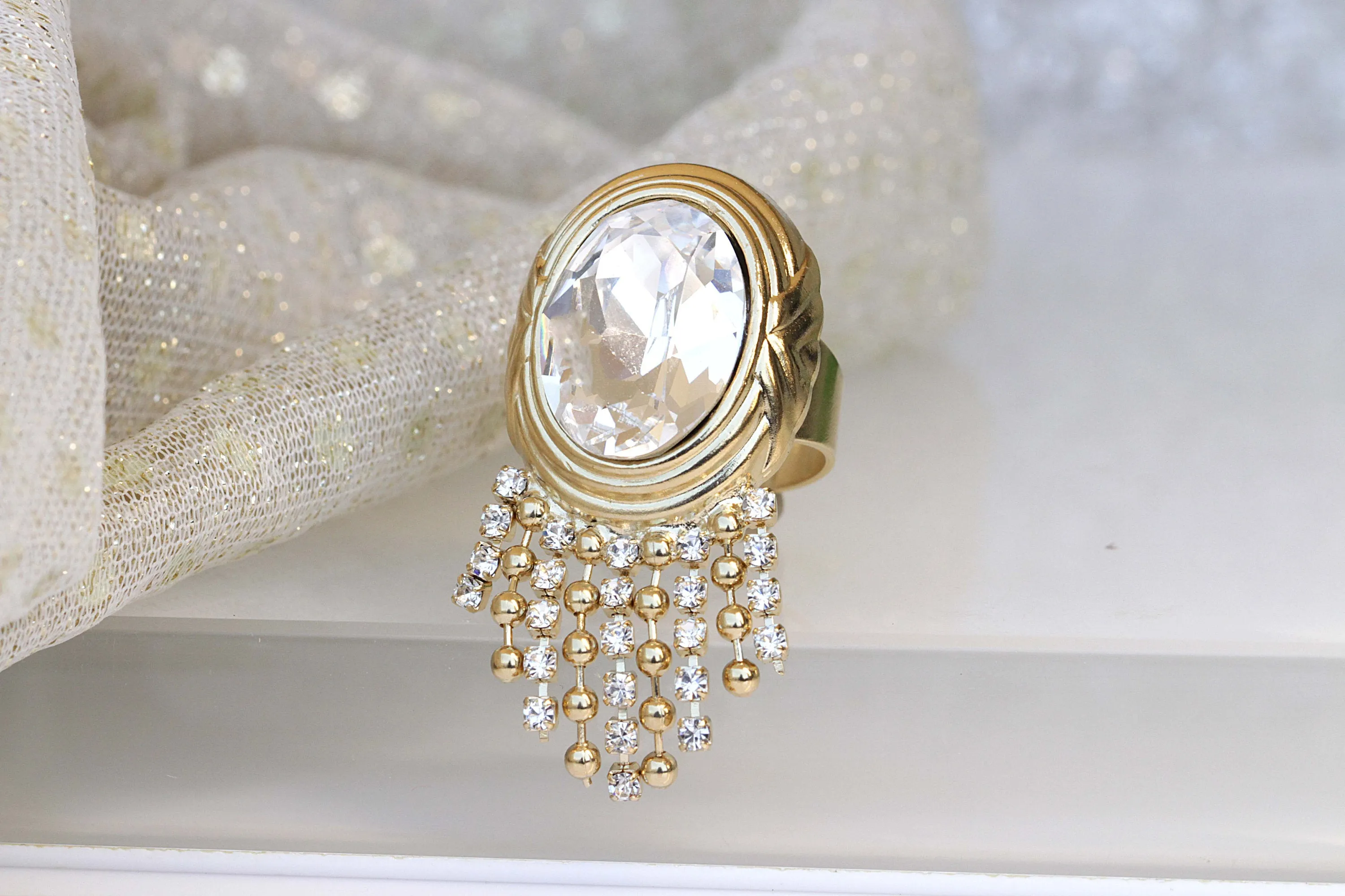 CRYSTAL TASSEL RING