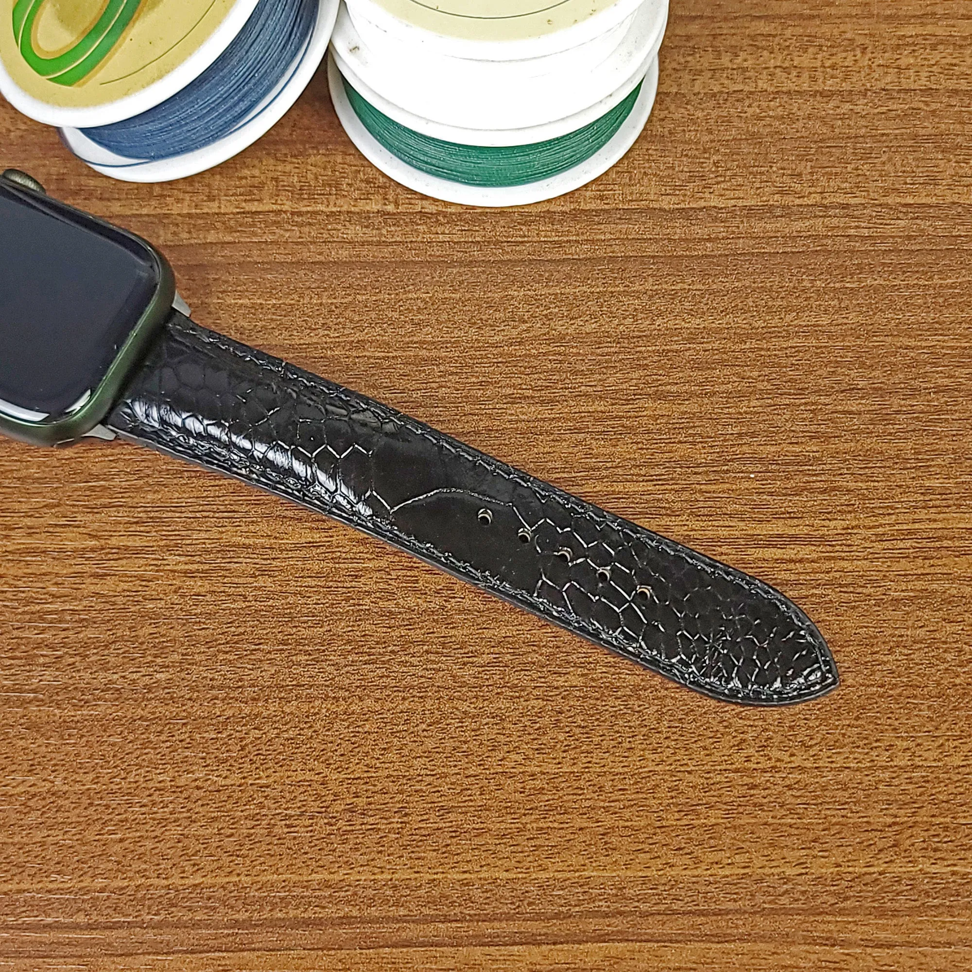 Custom Black Genuine Ostrich Leather Apple Watch Band