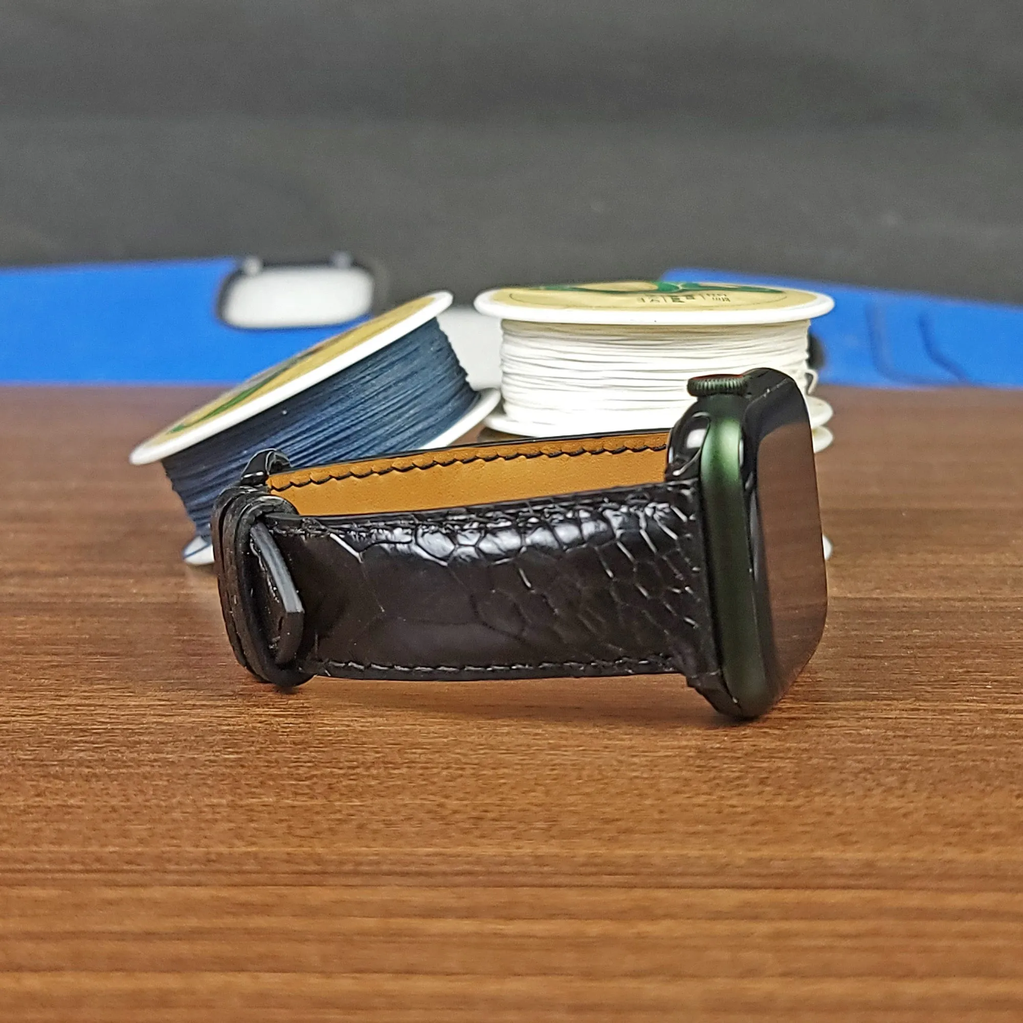 Custom Black Genuine Ostrich Leather Apple Watch Band