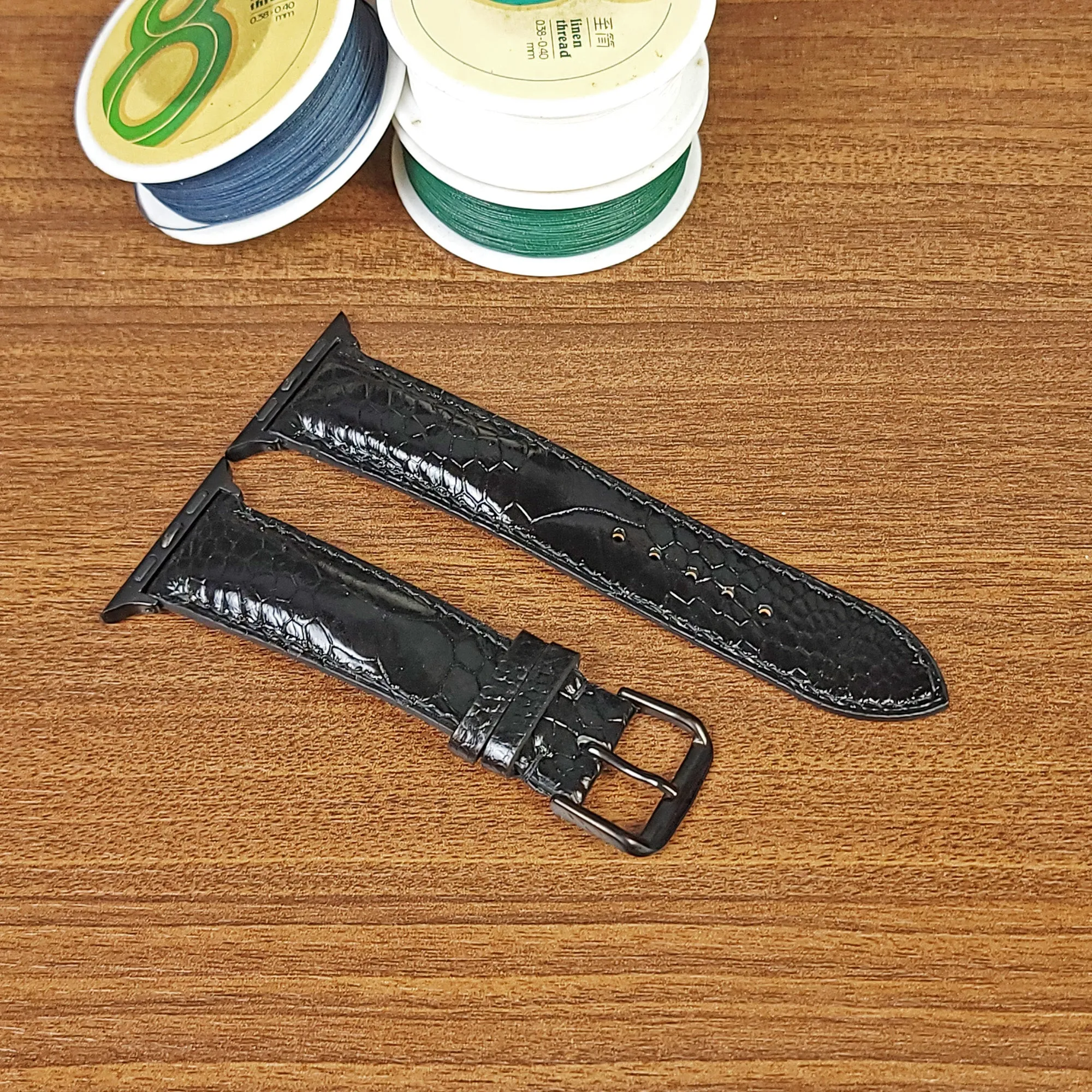 Custom Black Genuine Ostrich Leather Apple Watch Band