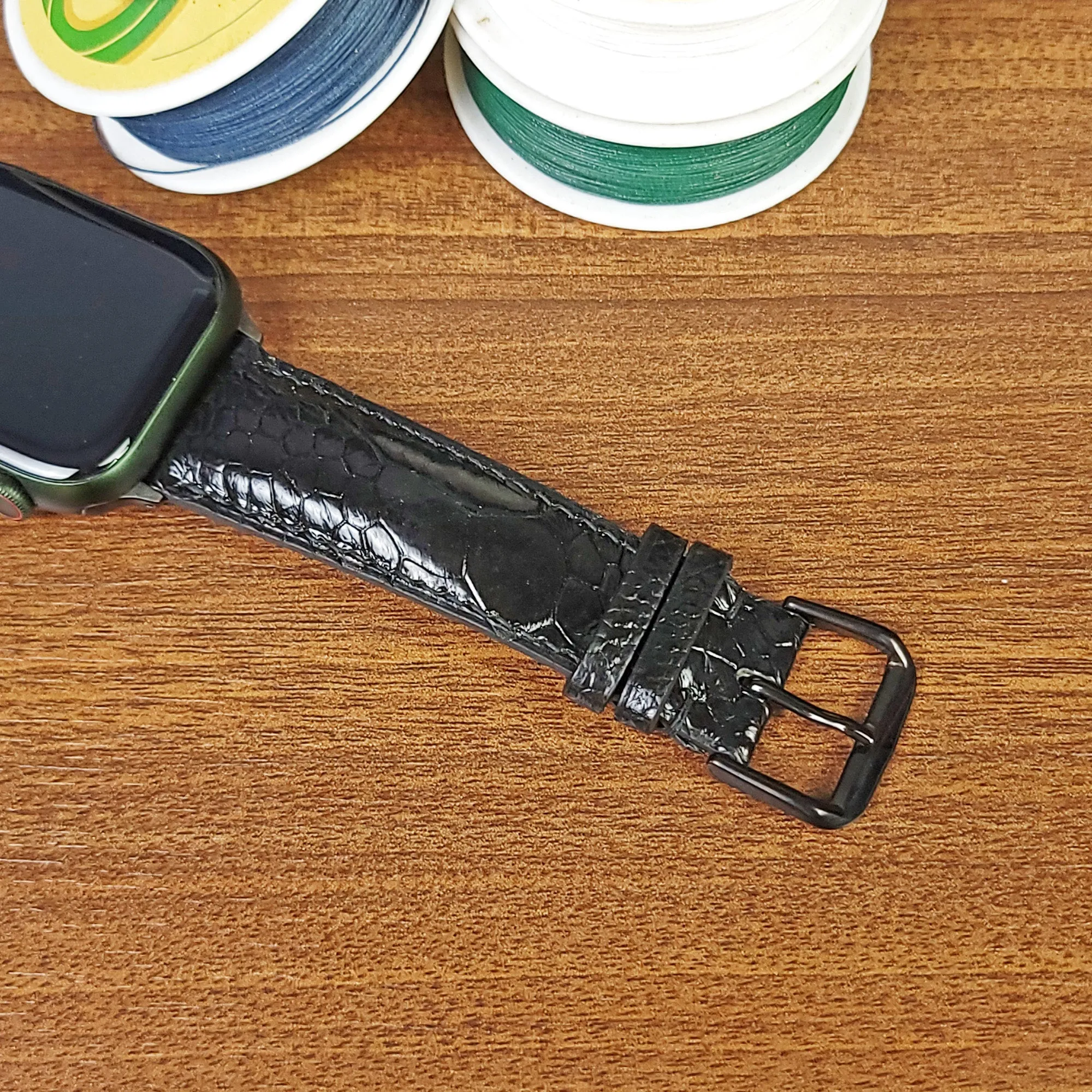 Custom Black Genuine Ostrich Leather Apple Watch Band