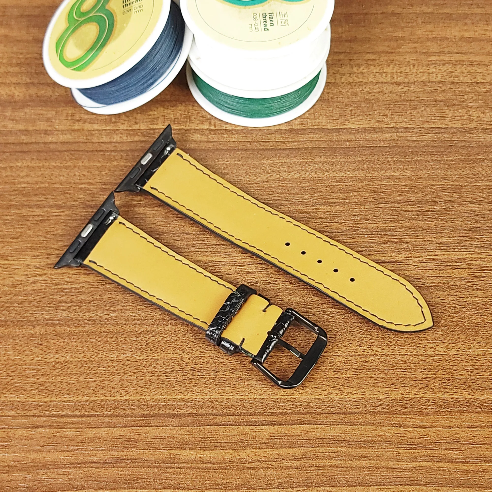 Custom Black Genuine Ostrich Leather Apple Watch Band