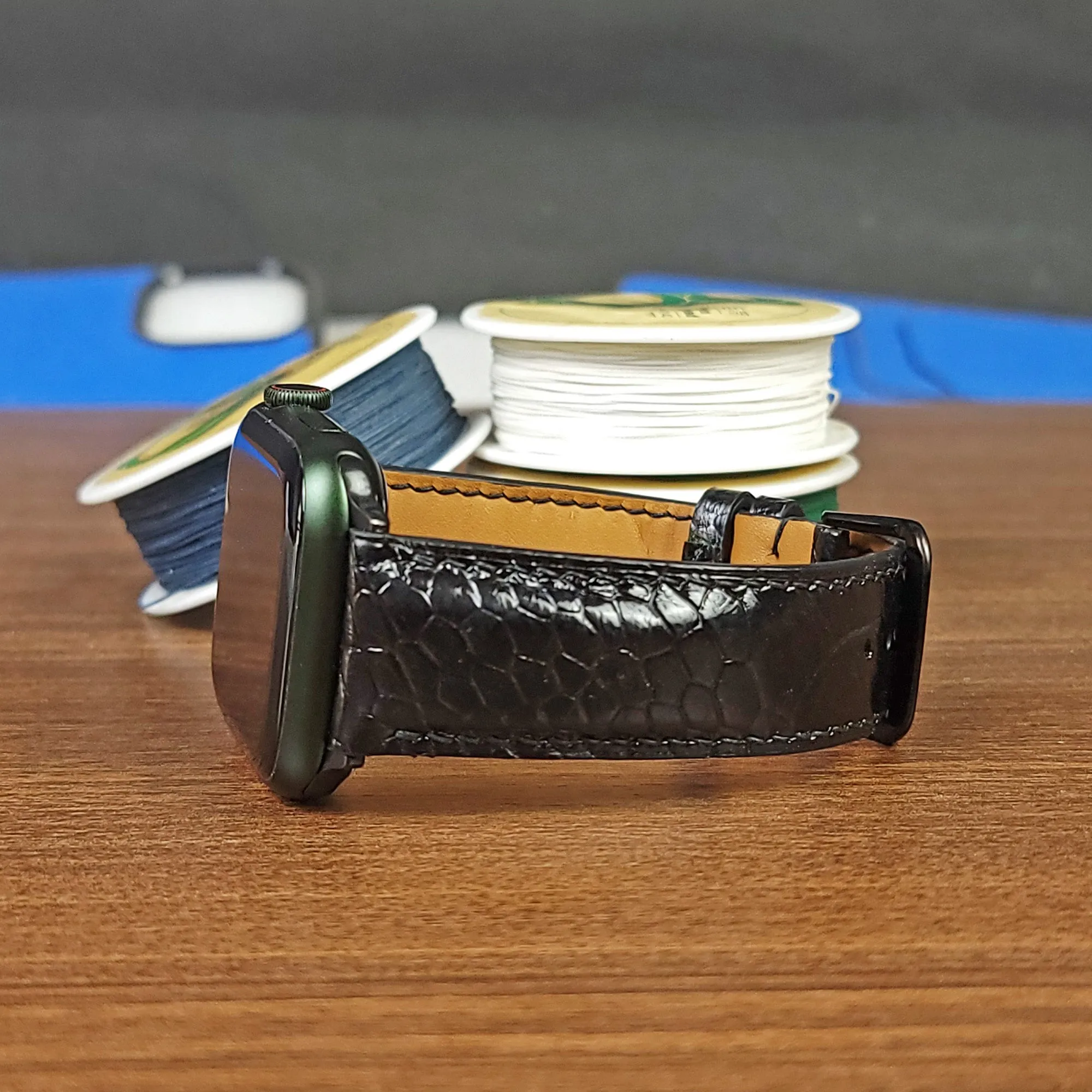 Custom Black Genuine Ostrich Leather Apple Watch Band