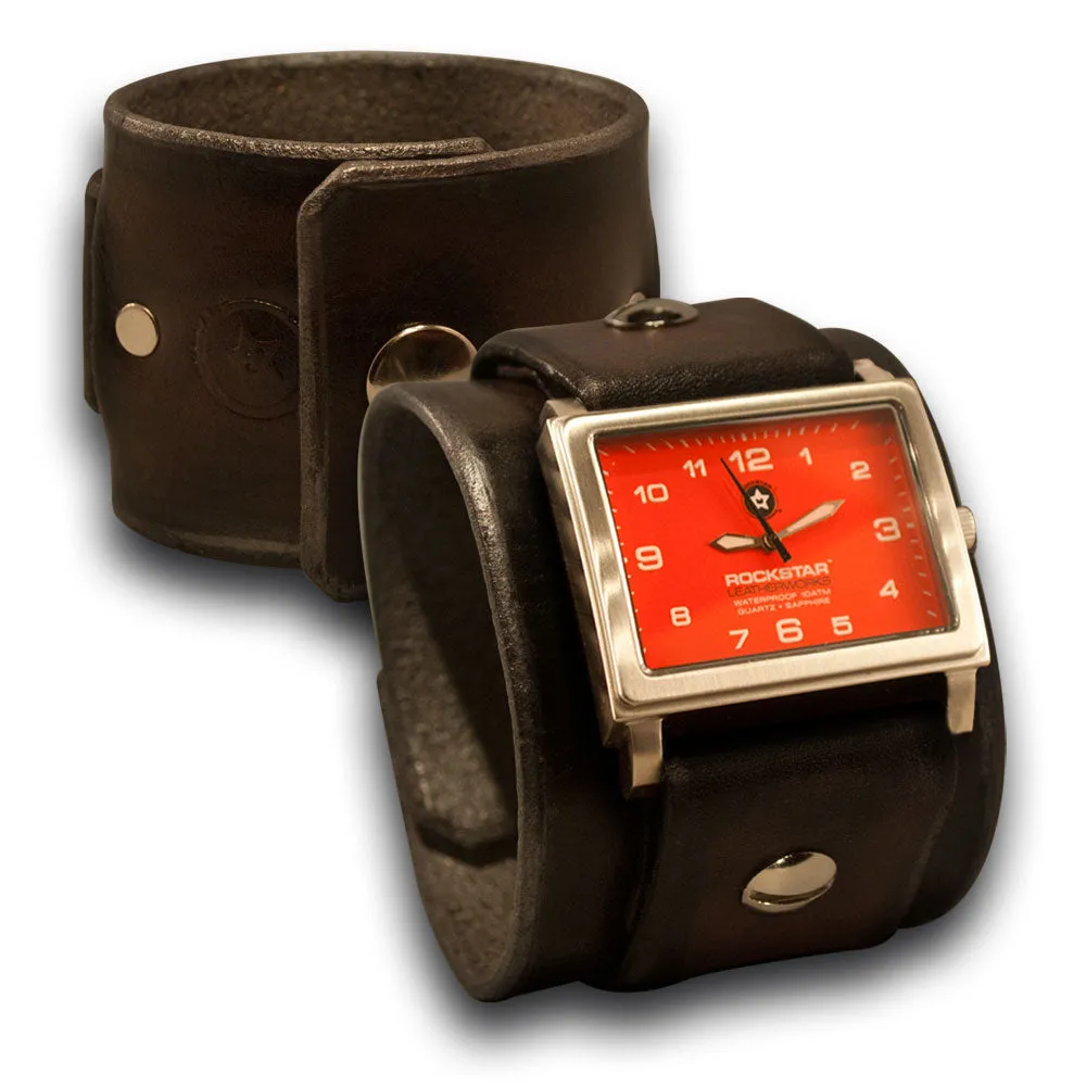 Dark Brown Leather Cuff Watch with Red Stainless Watch