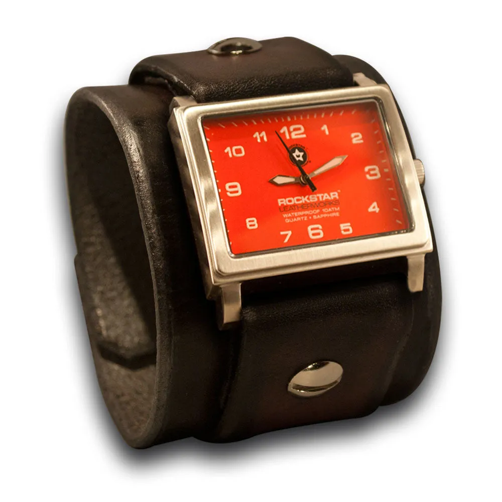 Dark Brown Leather Cuff Watch with Red Stainless Watch