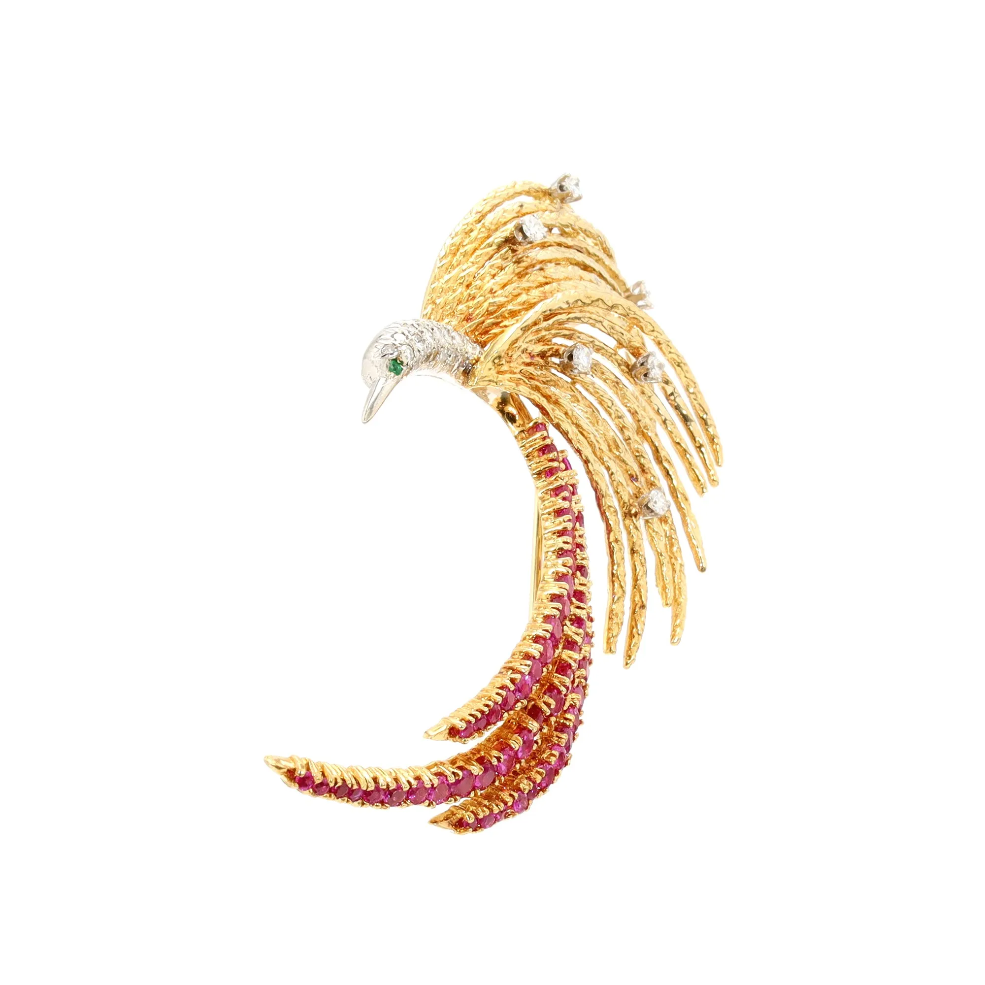 Diamond, Emerald, and Pink Sapphire Bird Pin