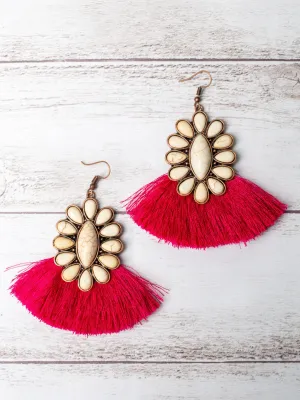 DIVA LIKE DOLLY WHITE HOWLITE FLORAL CONCHO FUCHSIA FRINGE EARRINGS