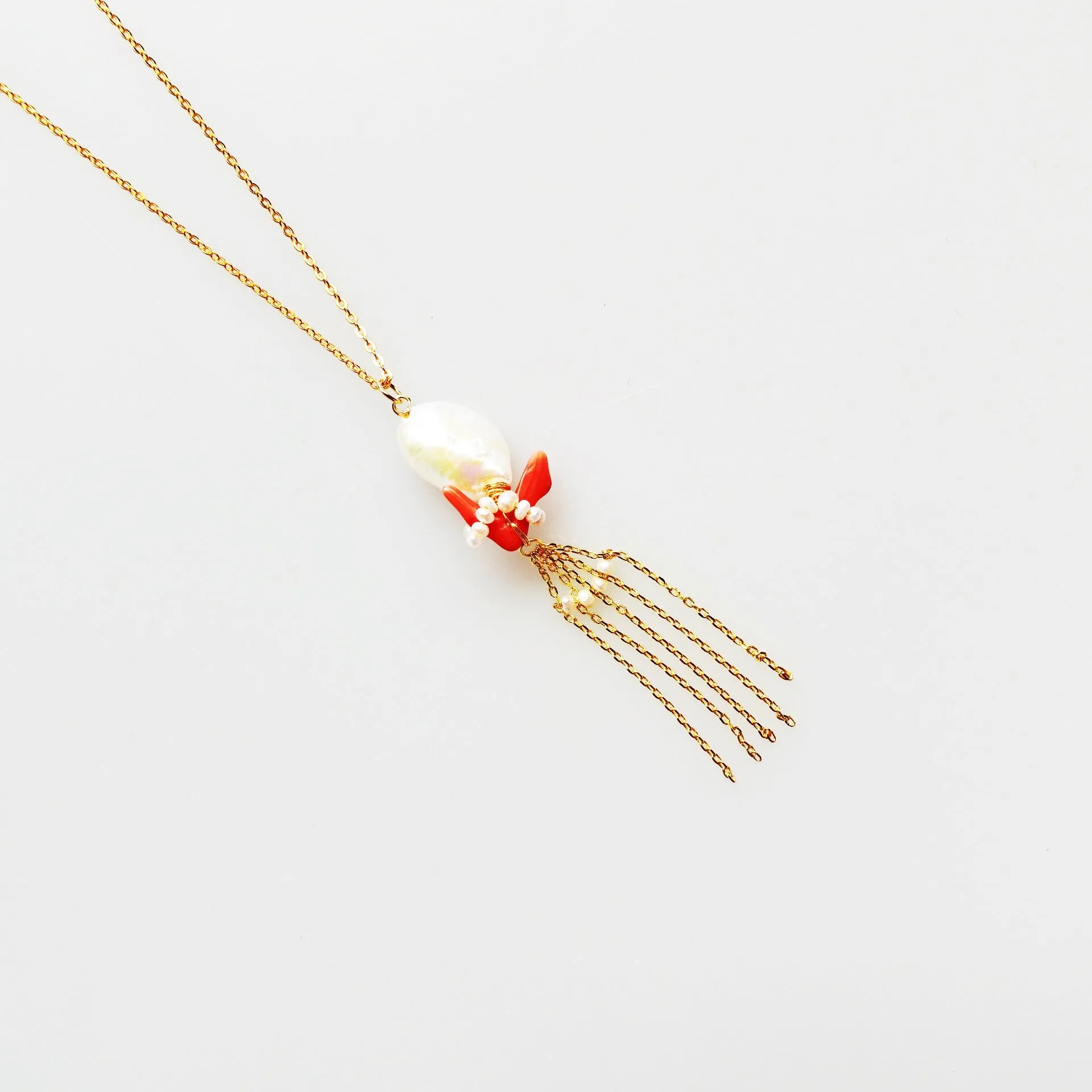 Dragon Princess Red Coral and Pearl Tassel Necklace