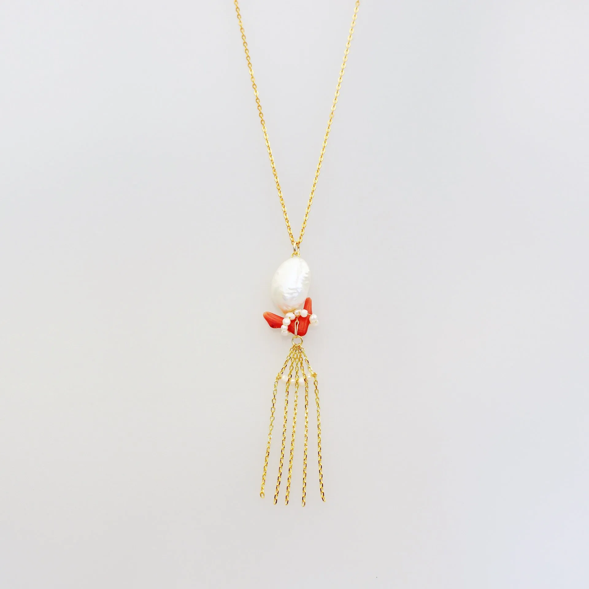 Dragon Princess Red Coral and Pearl Tassel Necklace