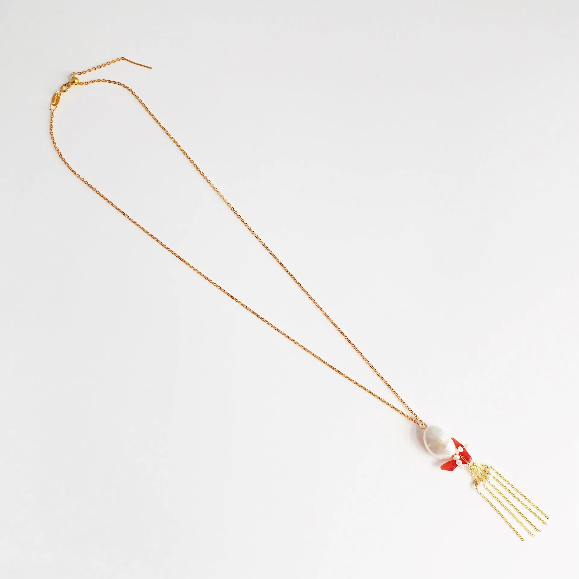 Dragon Princess Red Coral and Pearl Tassel Necklace