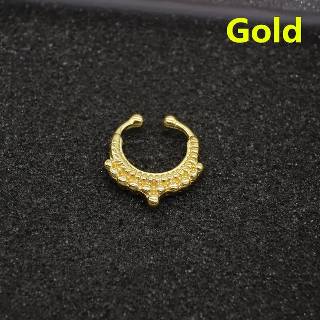 Ethnic Hollow crystal clicker fake septum For Women Studs Clip Hoop nose ring Faux Piercing Punk Men Body Jewelry non Wholesale